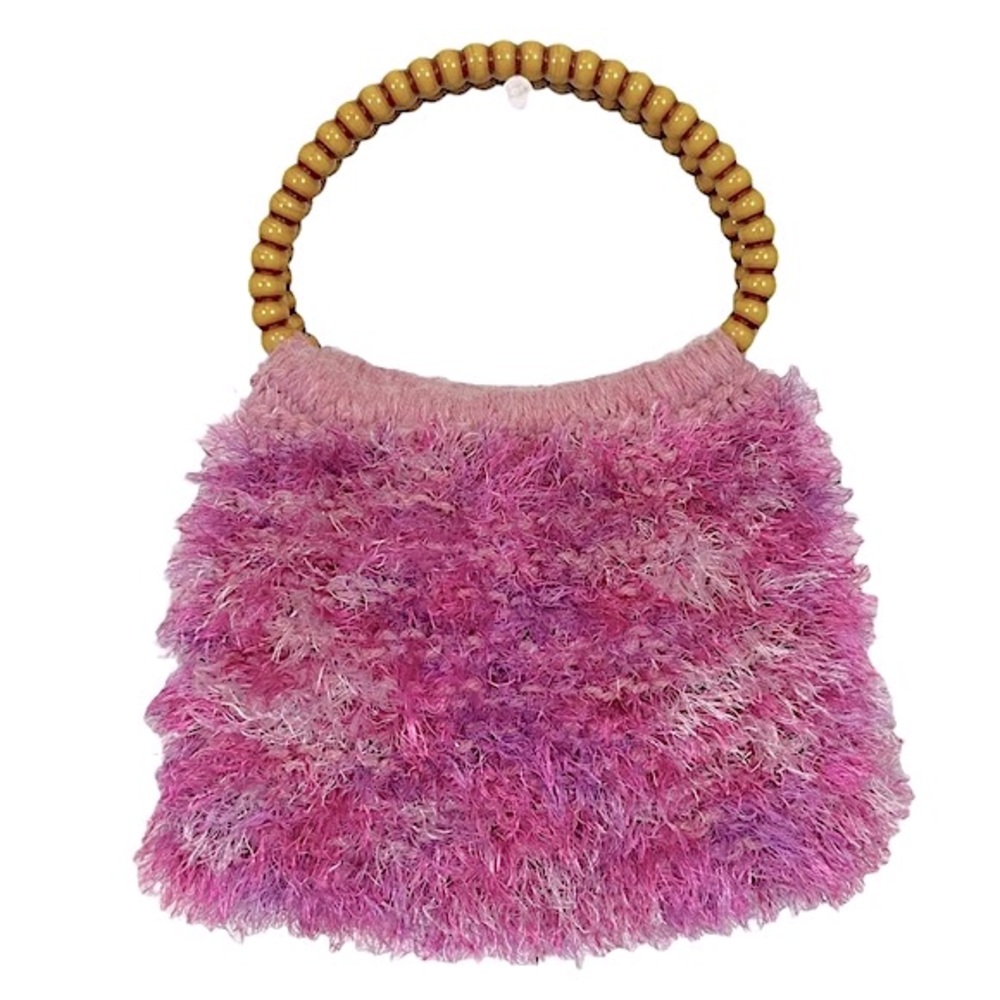 VINTAGE Y2K Pink & Purple Fuzzy Knit Wood Handle Handbag